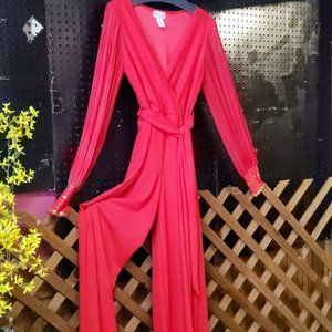 Glamorous Red Jumpsuit with slightly Sheer Sleeves at the wrist  Gold Embellishe